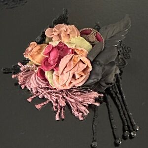 Floral Fabric Brooch Pink and Black Accents beads vintage 80s steampunk